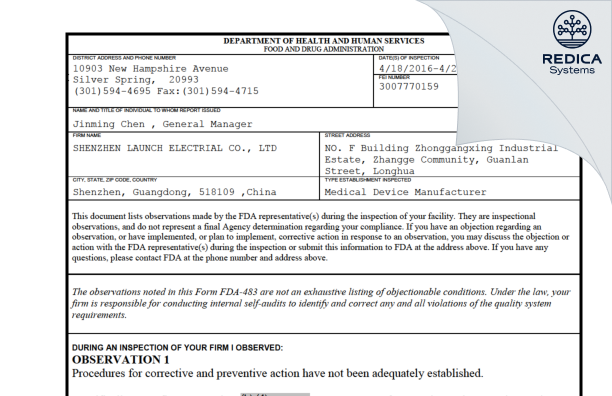 FDA 483 - SHENZHEN LAUNCH ELECTRIAL CO., LTD [Shenzhen / China] - Download PDF - Redica Systems