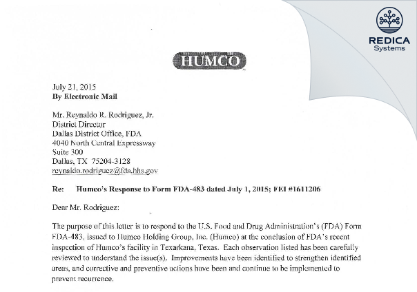 FDA 483 Response - Pharma Nobis, LLC [Texarkana / United States of America] - Download PDF - Redica Systems
