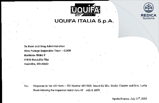 FDA 483 Response - Uquifa Italia SpA [Agrate Brianza / Italy] - Download PDF - Redica Systems
