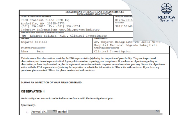 FDA 483 - Edgardo Salinas [Jesus Maria / Peru] - Download PDF - Redica Systems