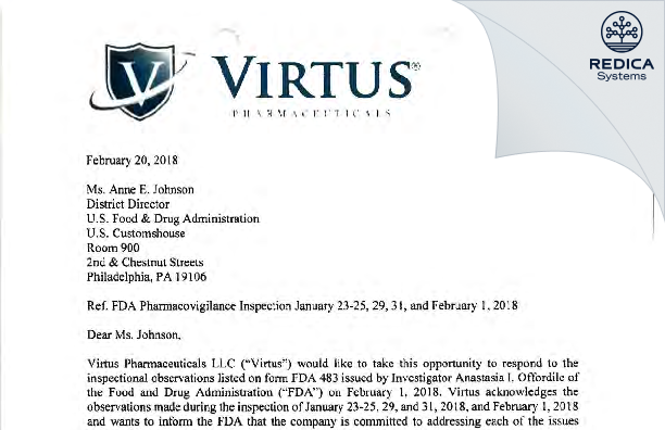 FDA 483 Response - VIRTUS PHARMACEUTICALS LLC. [Newtown / United States of America] - Download PDF - Redica Systems