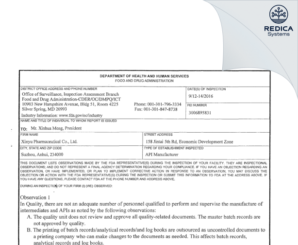 FDA 483 - Xinyu Pharmaceutical Co., Ltd. [China / China] - Download PDF - Redica Systems