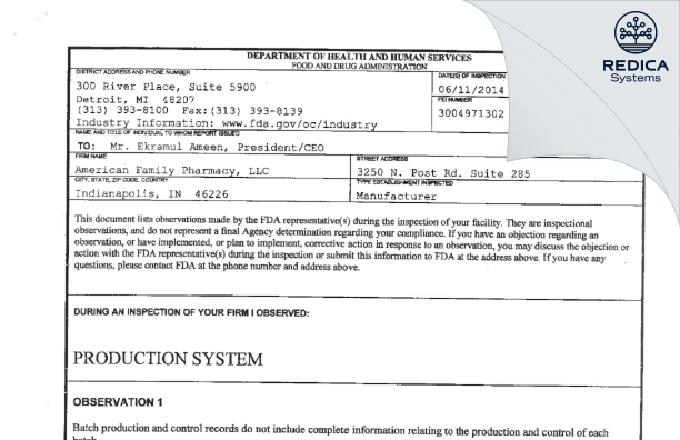 FDA 483 - American Family Pharmacy, LLC [Indianapolis / United States of America] - Download PDF - Redica Systems