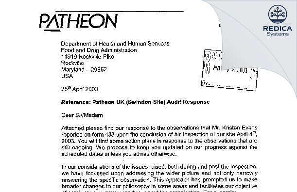 FDA 483 Response - Patheon UK Limited [Swindon / United Kingdom of Great Britain and Northern Ireland] - Download PDF - Redica Systems