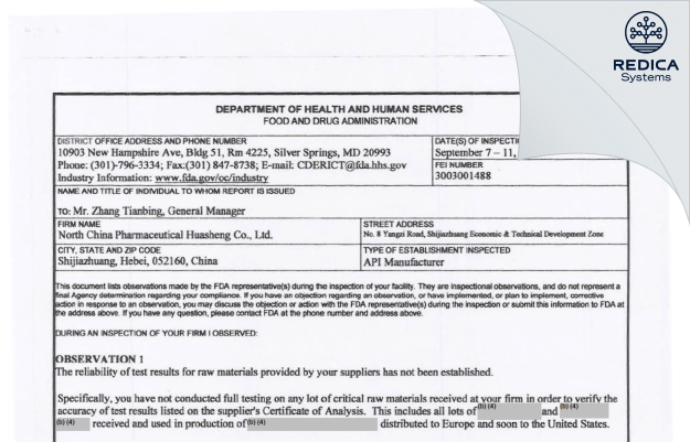 FDA 483 - North China Pharmaceutical Huasheng Co., Ltd. [China / China] - Download PDF - Redica Systems