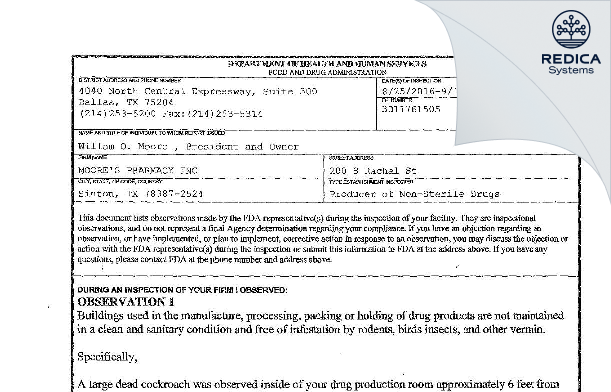FDA 483 - MOORE'S PHARMACY INC [Sinton / United States of America] - Download PDF - Redica Systems