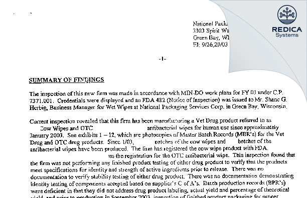 EIR - National Packaging Services Corporation [Green Bay / United States of America] - Download PDF - Redica Systems