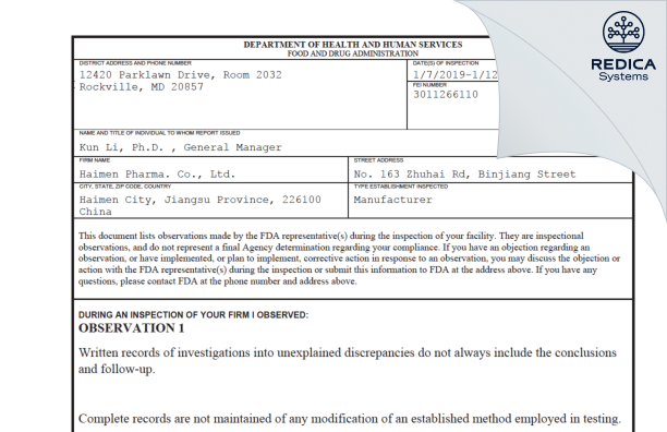 FDA 483 - Haimen Pharma Inc. [China / China] - Download PDF - Redica Systems