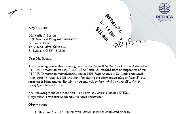 FDA 483 Response - STERIS Corporation [St. Louis / United States of America] - Download PDF - Redica Systems