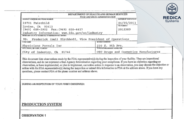 FDA 483 - Lina Gale Inc. [City Of Industry / United States of America] - Download PDF - Redica Systems