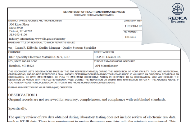 FDA 483 - DDP Specialty Electronic Materials US 9, LLC [Hemlock Michigan / United States of America] - Download PDF - Redica Systems