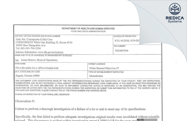 FDA 483 - Pliva Hrvatska d.o.o. [Zagreb / Croatia] - Download PDF - Redica Systems