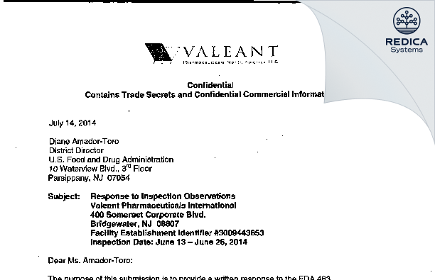 FDA 483 Response - Valeant Pharmacueticals North America LLC [Rochester / United States of America] - Download PDF - Redica Systems
