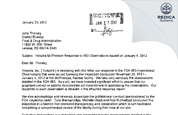 FDA 483 Response - Hospira, Inc. [Mcpherson / United States of America] - Download PDF - Redica Systems