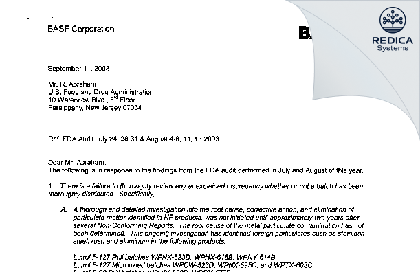 FDA 483 Response - BASF Corporation [Jersey / United States of America] - Download PDF - Redica Systems