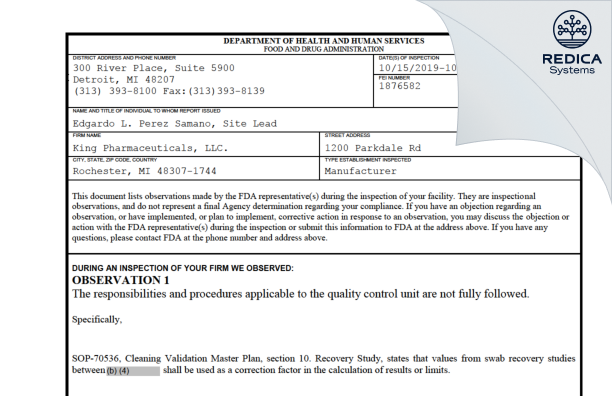 FDA 483 - King Pharmaceuticals LLC [Rochester / United States of America] - Download PDF - Redica Systems