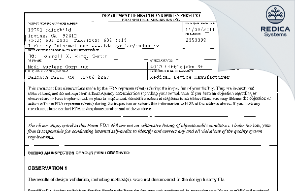 FDA 483 - Medi Nuclear Corporation, Inc. [Baldwin Park / United States of America] - Download PDF - Redica Systems