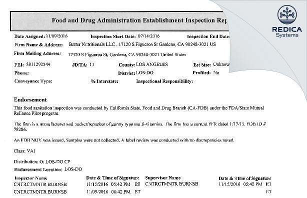 EIR - Better Nutritionals LLC [Gardena / United States of America] - Download PDF - Redica Systems