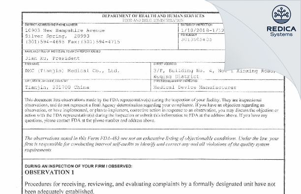 FDA 483 - BMC (Tianjin) Medical Co., Ltd. [Tianjin / China] - Download PDF - Redica Systems