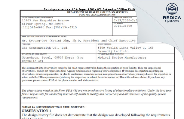 FDA 483 - GBS Commonwealth Co., Ltd. [- / -] - Download PDF - Redica Systems
