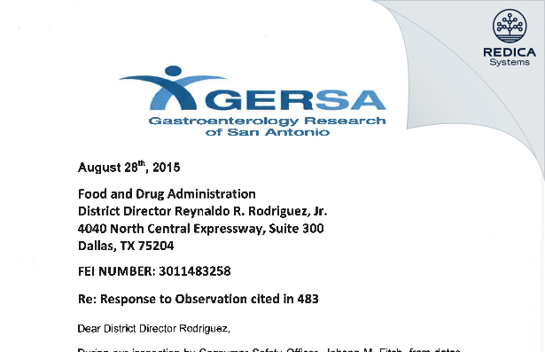 FDA 483 Response - Charles W. Randall, M.D. [San Antonio / United States of America] - Download PDF - Redica Systems
