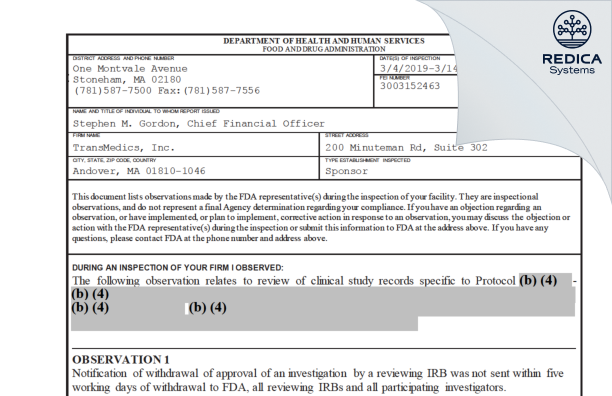 FDA 483 - TransMedics, Inc. [Andover / United States of America] - Download PDF - Redica Systems
