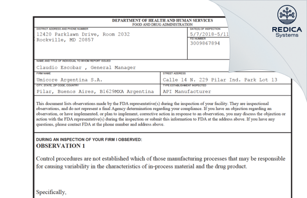 FDA 483 - Umicore Argentina S.A. [Argentina / Argentina] - Download PDF - Redica Systems