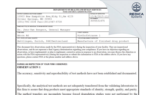 FDA 483 - Ophtapharm AG [Hettlingen / Switzerland] - Download PDF - Redica Systems