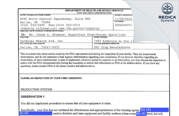 FDA 483 - Cardinal Health 414, LLC [Dallas / United States of America] - Download PDF - Redica Systems