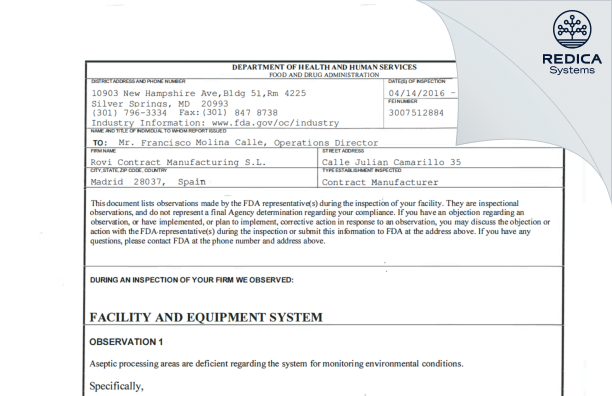 FDA 483 - ROVI Pharma Industrial Services S.A. [Spain / Spain] - Download PDF - Redica Systems