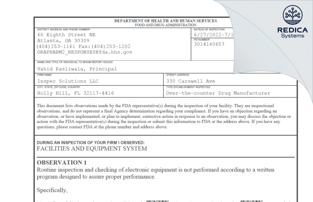 FDA 483 - Inspec Solutions LLC. [Florida / United States of America] - Download PDF - Redica Systems