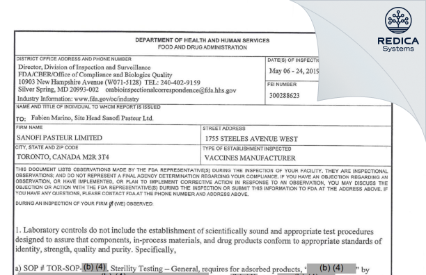 FDA 483 - Sanofi Pasteur Limited [North York / Canada] - Download PDF - Redica Systems