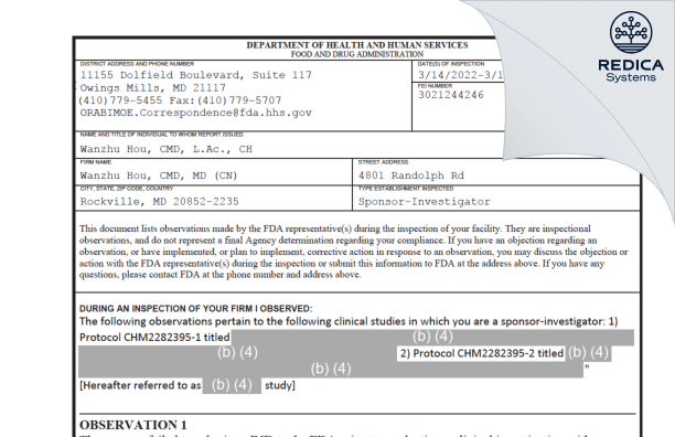 FDA 483 - Wanzhu Hou, CMD, MD (CN) [Rockville / United States of America] - Download PDF - Redica Systems