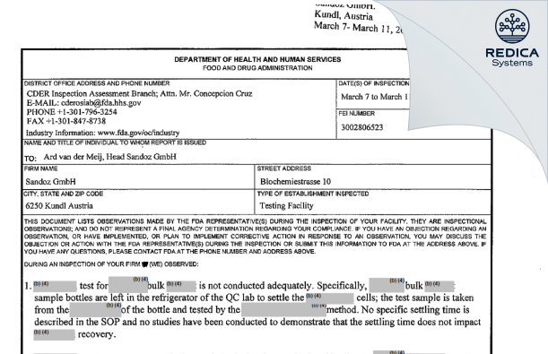 FDA 483 - Sandoz GmbH [Kundl / Austria] - Download PDF - Redica Systems