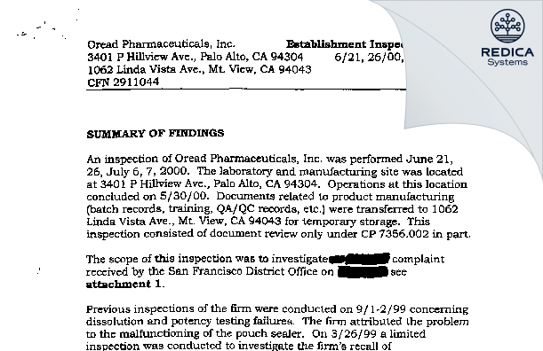 EIR - Oread Pharmaceutical Manufacturing Inc [Palo Alto / United States of America] - Download PDF - Redica Systems