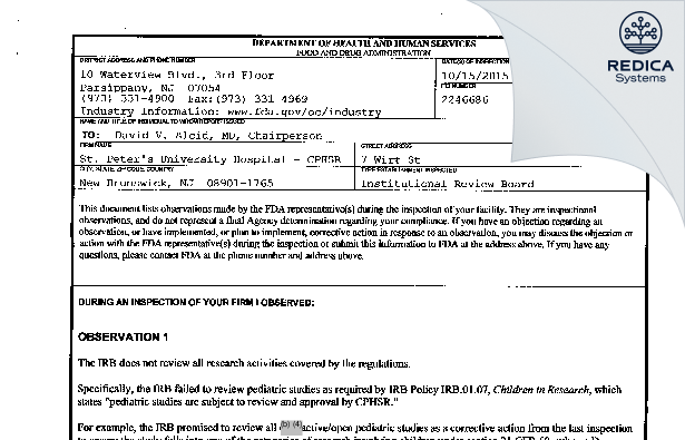 FDA 483 - St. Peter's University Hospital - CPHSR [New Brunswick / United States of America] - Download PDF - Redica Systems