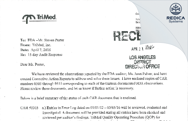 FDA 483 Response - TriMed Inc. [Santa Clarita / United States of America] - Download PDF - Redica Systems
