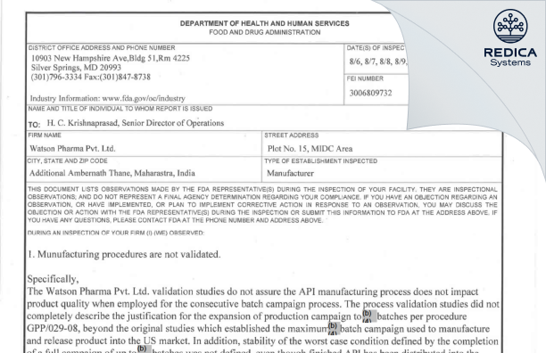 FDA 483 - Watson Pharma Private Limited [Ambernath / India] - Download PDF - Redica Systems