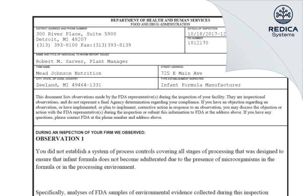 FDA 483 - Mead Johnson & Company LLC [Zeeland / United States of America] - Download PDF - Redica Systems