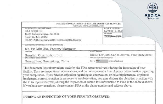 FDA 483 - Sunstar Guangzhou Ltd. [Guangzhou / China] - Download PDF - Redica Systems