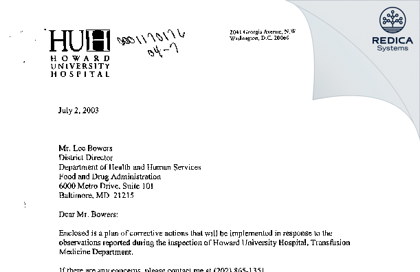 FDA 483 Response - Howard University Hospital BB [Washington / United States of America] - Download PDF - Redica Systems