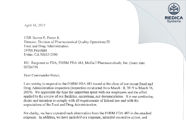 FDA 483 Response - McGuff Pharmaceuticals, Inc. [California / United States of America] - Download PDF - Redica Systems