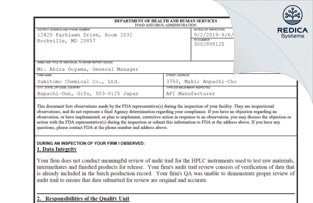FDA 483 - Sumitomo Chemical Company, Limited [Gifu / Japan] - Download PDF - Redica Systems