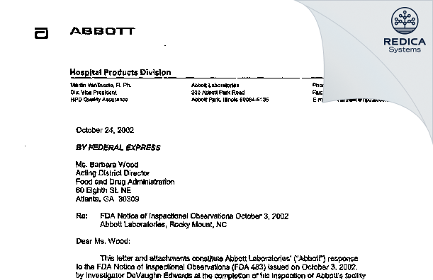 FDA 483 Response - Abbott Laboratories [North Chicago / United States of America] - Download PDF - Redica Systems