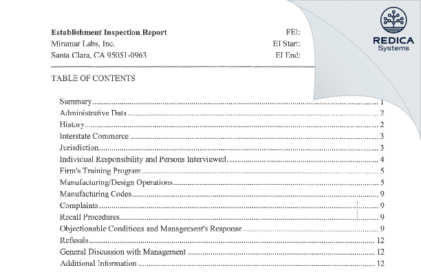 EIR - Miramar Labs, Inc. [Santa Clara / United States of America] - Download PDF - Redica Systems