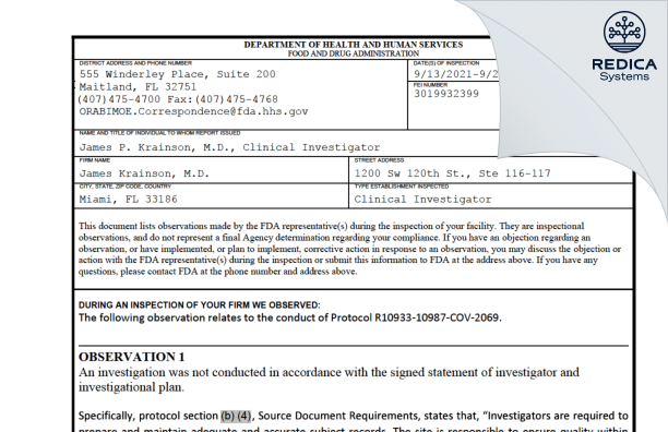 FDA 483 - James Krainson, M.D. [Miami / United States of America] - Download PDF - Redica Systems