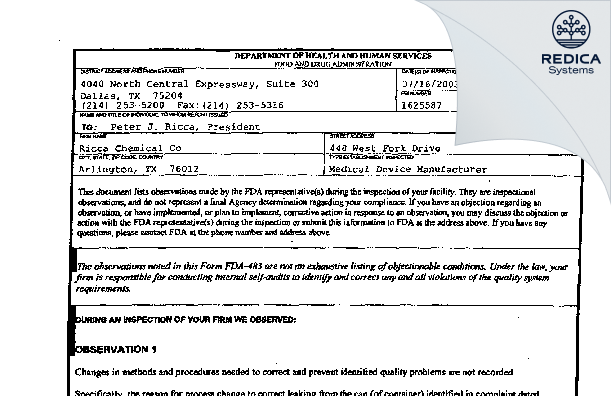 FDA 483 - Ricca Chemical Company LLC [Arlington / United States of America] - Download PDF - Redica Systems