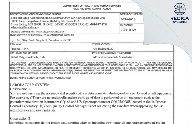 FDA 483 - Flamma S.p.A. [Italy / Italy] - Download PDF - Redica Systems