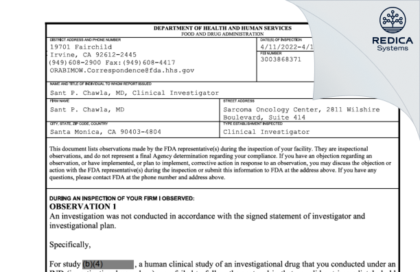 FDA 483 - Sant P. Chawla, MD [Santa Monica / United States of America] - Download PDF - Redica Systems