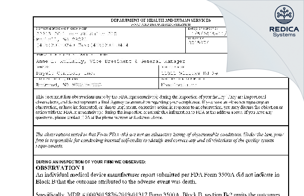 FDA 483 - Physio-Control, Inc. [Redmond / United States of America] - Download PDF - Redica Systems